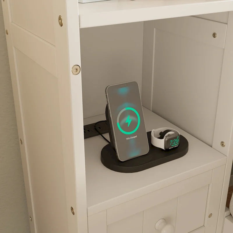 Lit plateforme en bois de pin avec bibliothèques, étagères, stations de charge et tiroirs de rangement