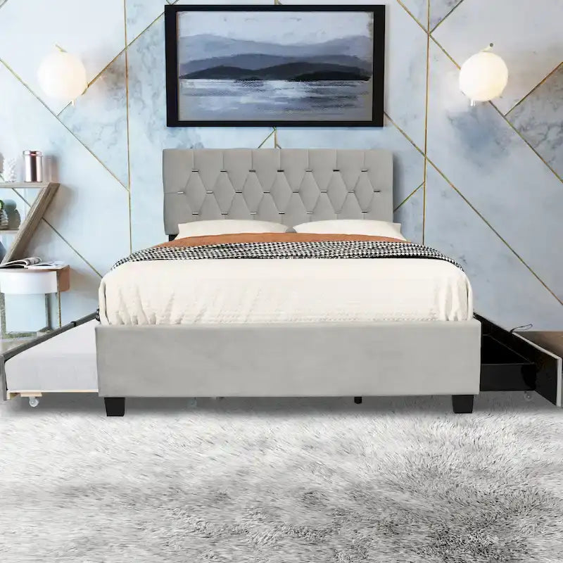 Lit rembourré plateforme Queen Size avec tête de lit capitonnée et tiroirs de rangement