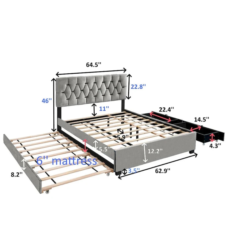 Lit rembourré plateforme Queen Size avec tête de lit capitonnée et tiroirs de rangement