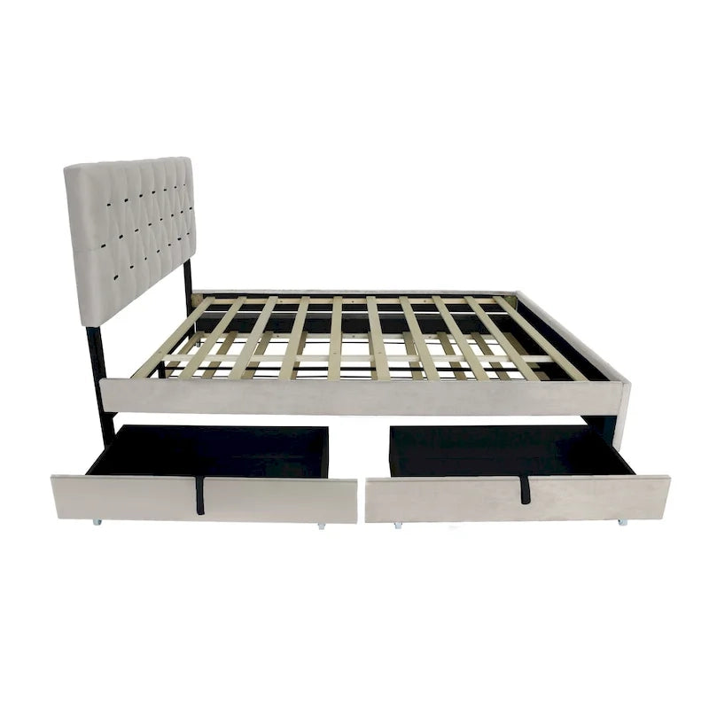 Lit rembourré plateforme Queen Size avec tête de lit capitonnée et tiroirs de rangement
