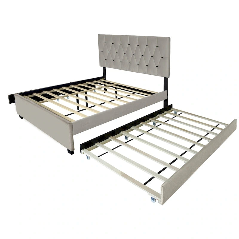 Lit rembourré plateforme Queen Size avec tête de lit capitonnée et tiroirs de rangement