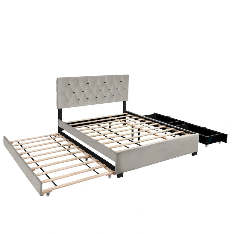 Lit rembourré plateforme Queen Size avec tête de lit capitonnée et tiroirs de rangement
