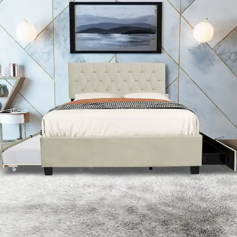 Lit rembourré plateforme Queen Size avec tête de lit capitonnée et tiroirs de rangement