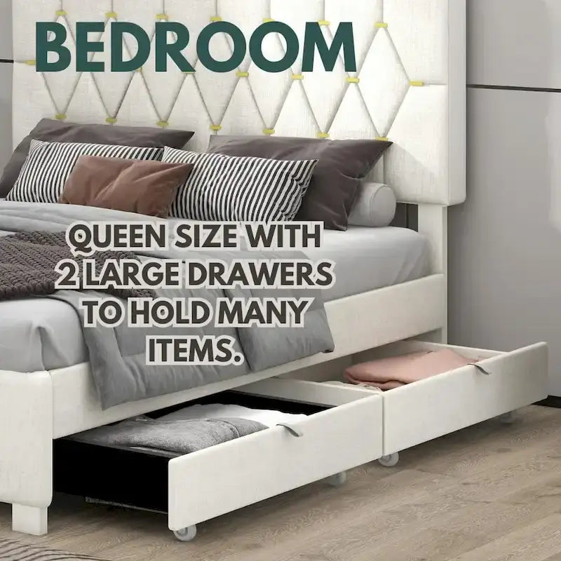 Lit rembourré plateforme Queen Size avec tête de lit capitonnée et tiroirs de rangement