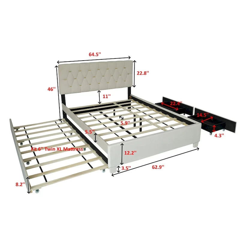 Lit rembourré plateforme Queen Size avec tête de lit capitonnée et tiroirs de rangement