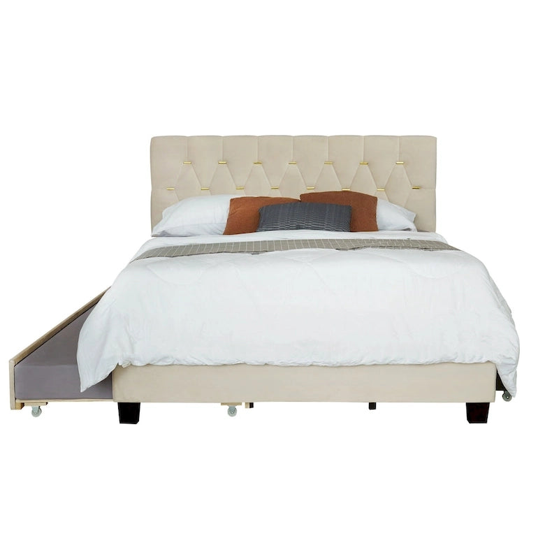 Lit rembourré plateforme Queen Size avec tête de lit capitonnée et tiroirs de rangement
