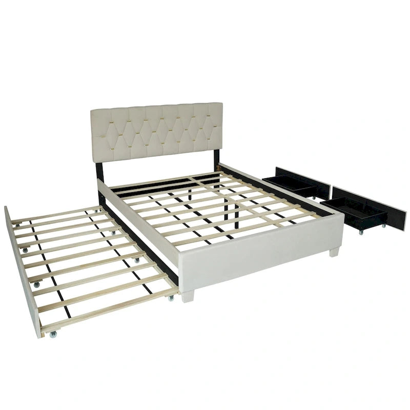 Lit rembourré plateforme Queen Size avec tête de lit capitonnée et tiroirs de rangement