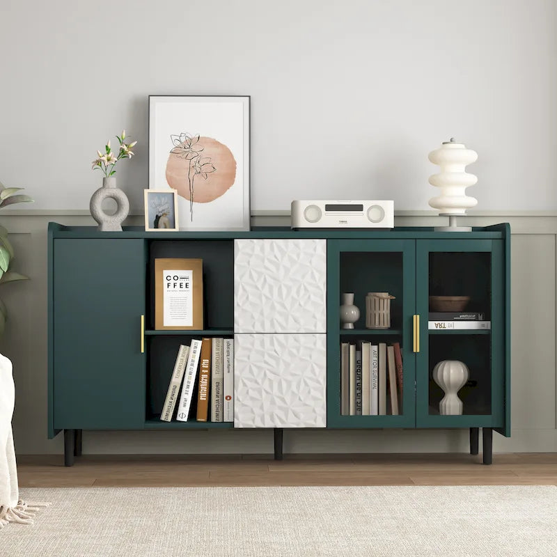 Armoire de rangement moderne avec 2 portes vitrées, 2 tiroirs et 2 compartiments de rangement ouverts