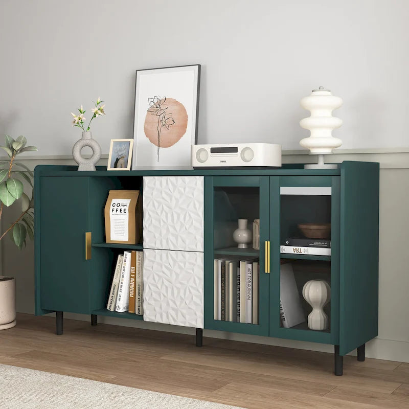 Armoire de rangement moderne avec 2 portes vitrées, 2 tiroirs et 2 compartiments de rangement ouverts