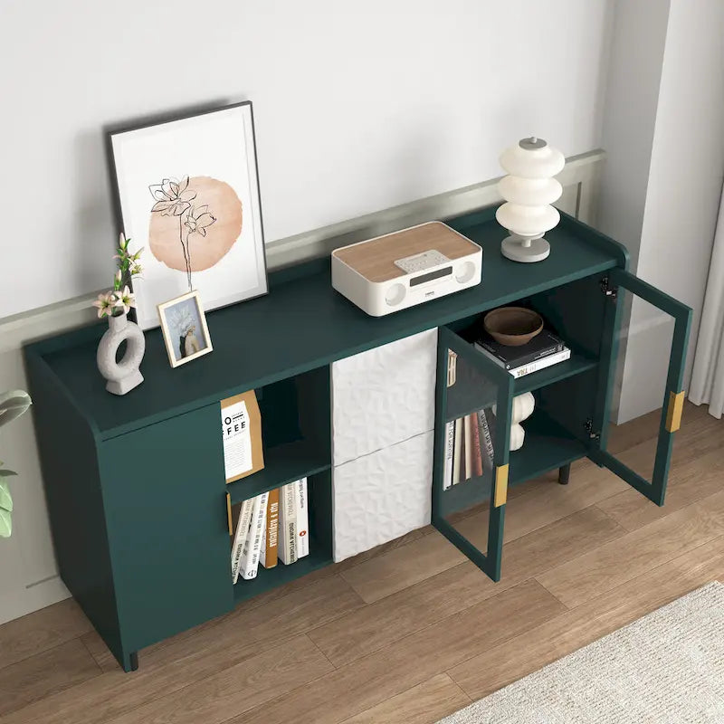 Armoire de rangement moderne avec 2 portes vitrées, 2 tiroirs et 2 compartiments de rangement ouverts