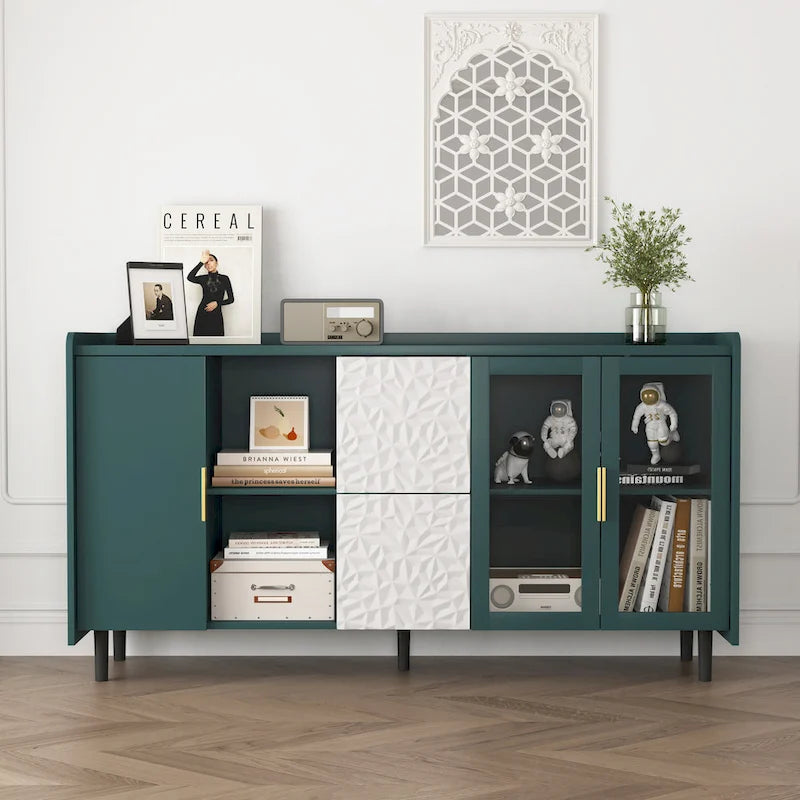 Armoire de rangement moderne avec 2 portes vitrées, 2 tiroirs et 2 compartiments de rangement ouverts