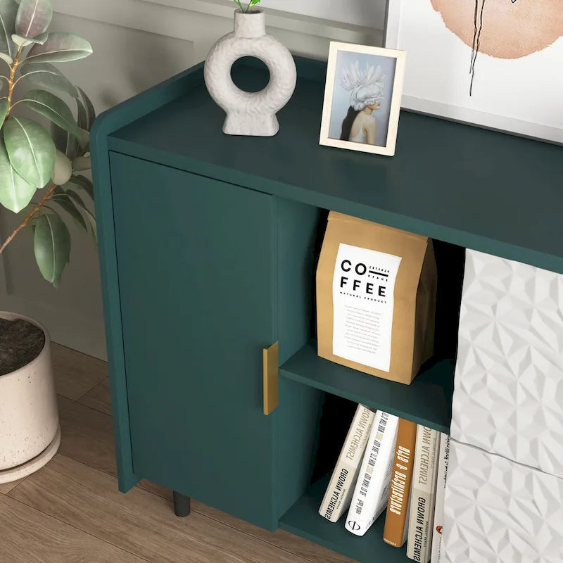 Armoire de rangement moderne avec 2 portes vitrées, 2 tiroirs et 2 compartiments de rangement ouverts