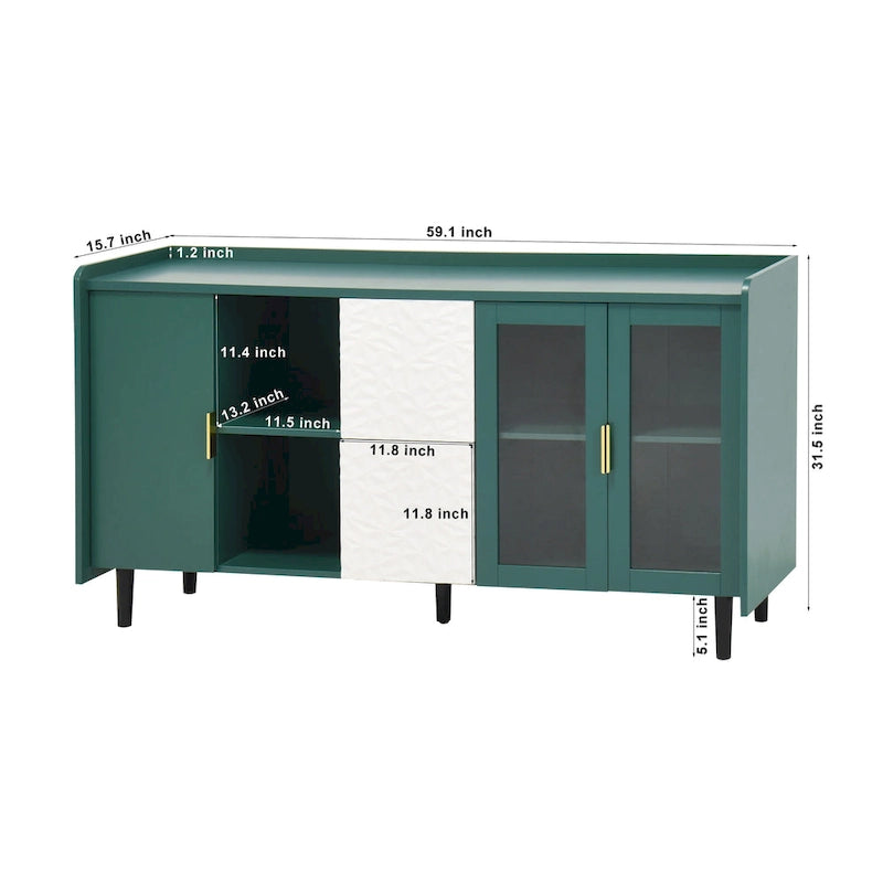 Armoire de rangement moderne avec 2 portes vitrées, 2 tiroirs et 2 compartiments de rangement ouverts