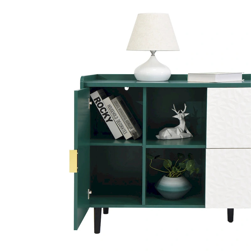 Armoire de rangement moderne avec 2 portes vitrées, 2 tiroirs et 2 compartiments de rangement ouverts