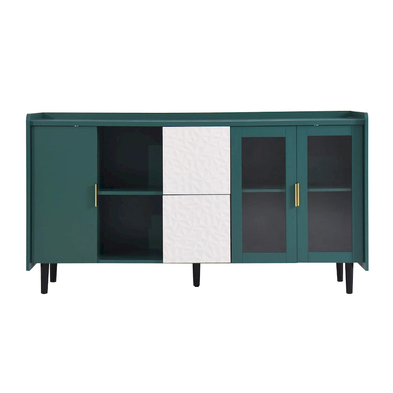 Armoire de rangement moderne avec 2 portes vitrées, 2 tiroirs et 2 compartiments de rangement ouverts