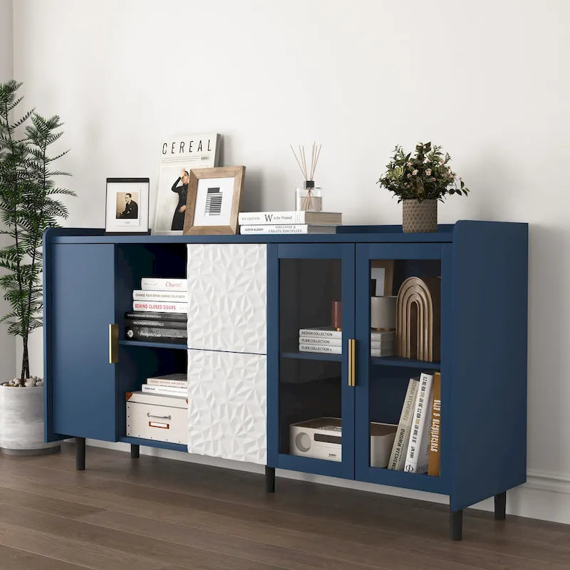 Armoire de rangement moderne avec 2 portes vitrées, 2 tiroirs et 2 compartiments de rangement ouverts