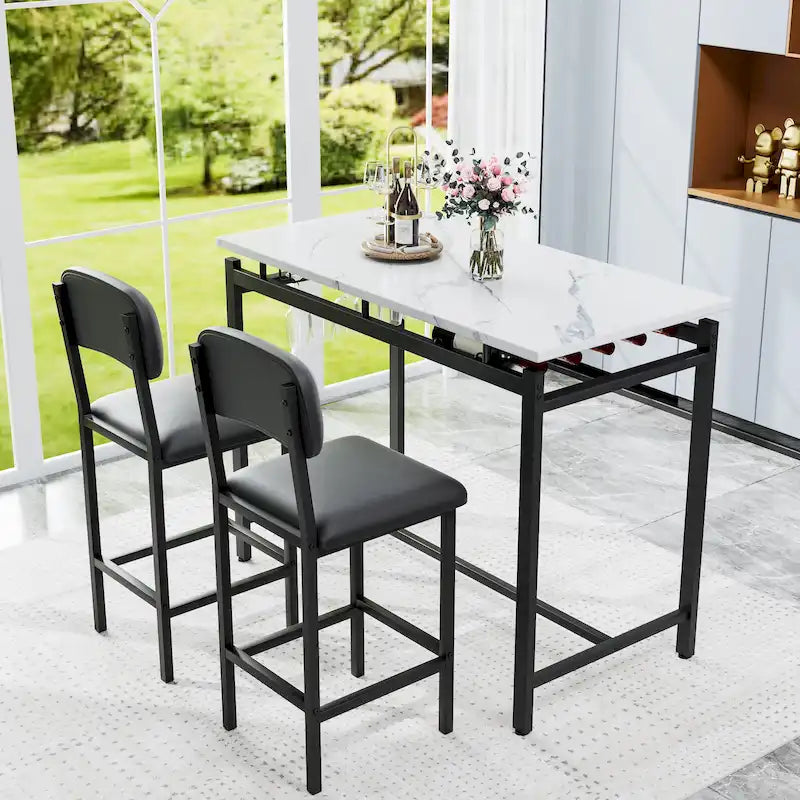 Table de bar moderne en marbre avec structure en acier noir