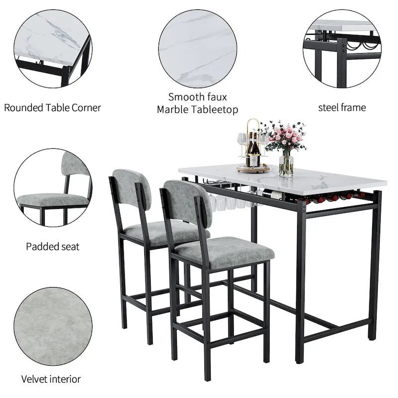 Table de bar moderne en marbre avec structure en acier noir