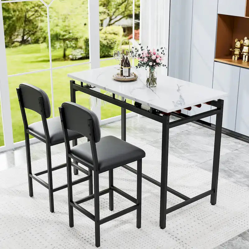Table de bar moderne en marbre avec structure en acier noir