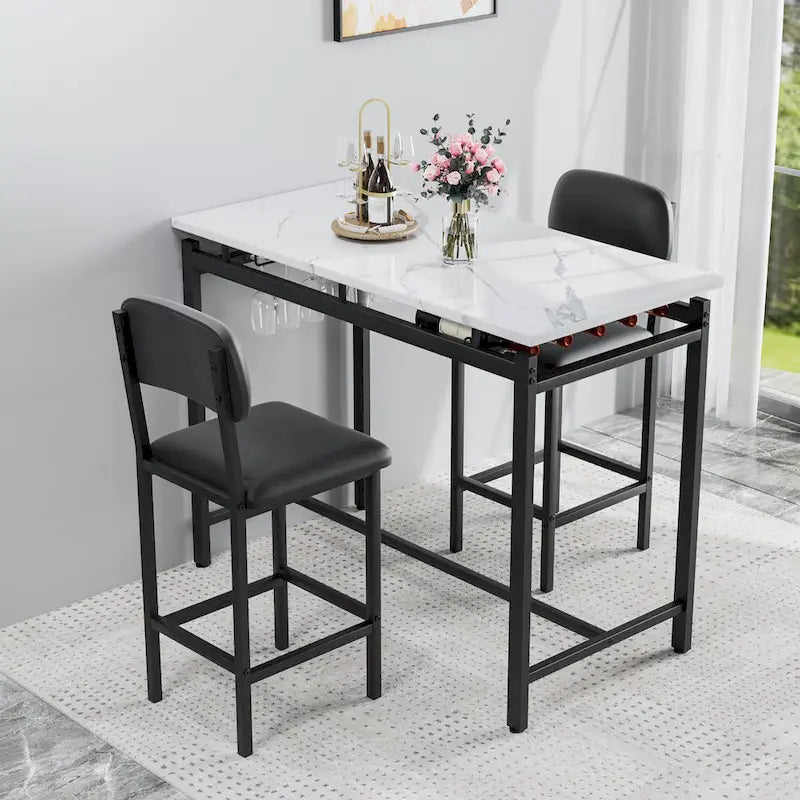 Table de bar moderne en marbre avec structure en acier noir
