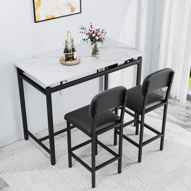 Table de bar moderne en marbre avec structure en acier noir
