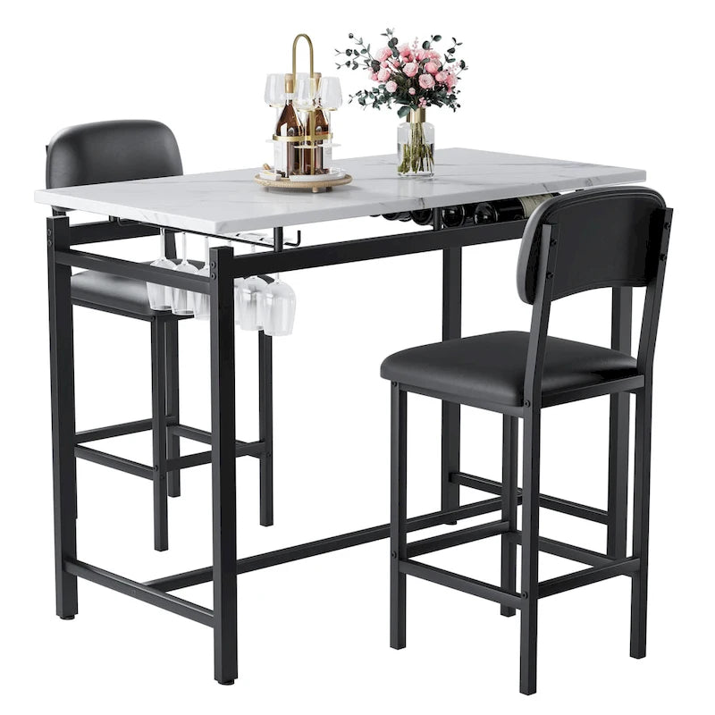 Table de bar moderne en marbre avec structure en acier noir