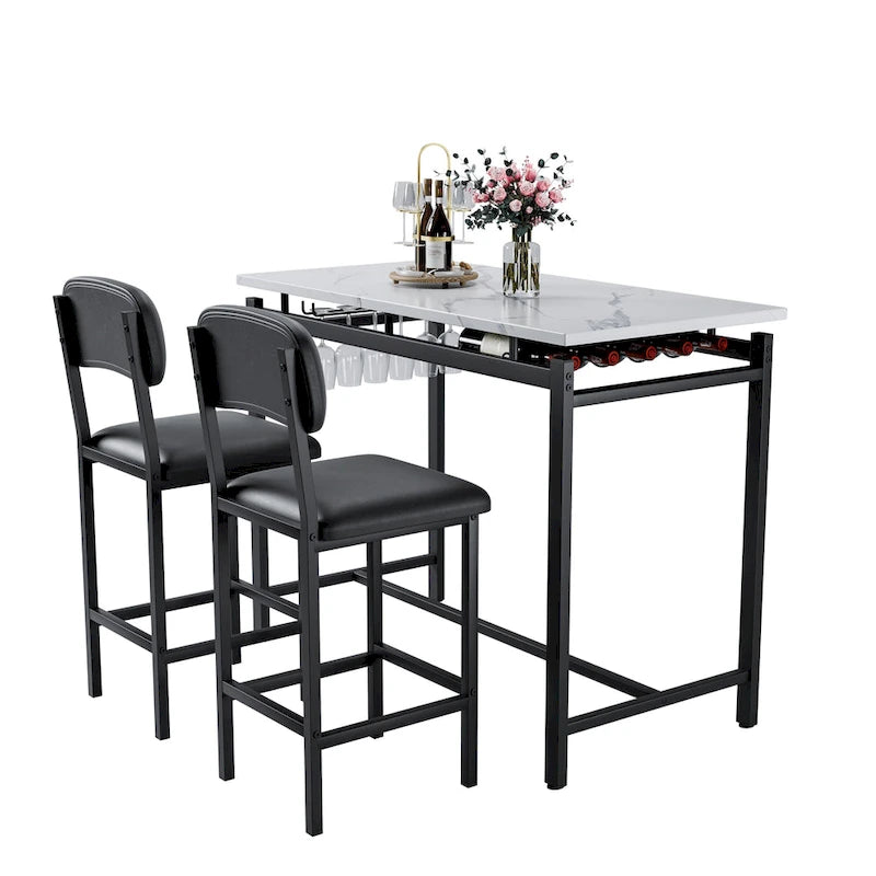 Table de bar moderne en marbre avec structure en acier noir