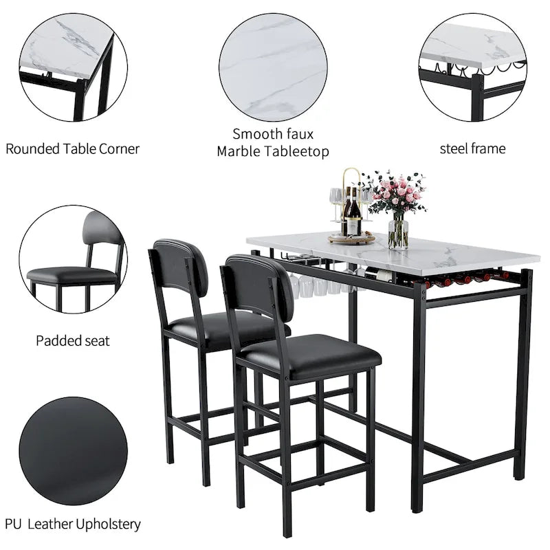 Table de bar moderne en marbre avec structure en acier noir