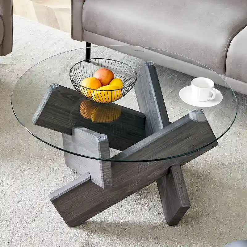 Table basse ronde moderne en verre avec plateau en verre trempé et pieds en MDF