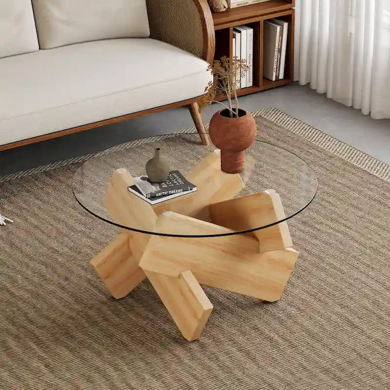 Table basse ronde moderne en verre avec plateau en verre trempé et pieds en MDF