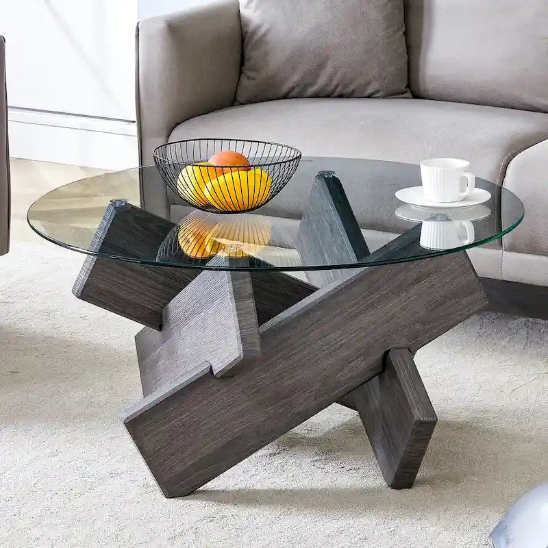 Table basse ronde moderne en verre avec plateau en verre trempé et pieds en MDF