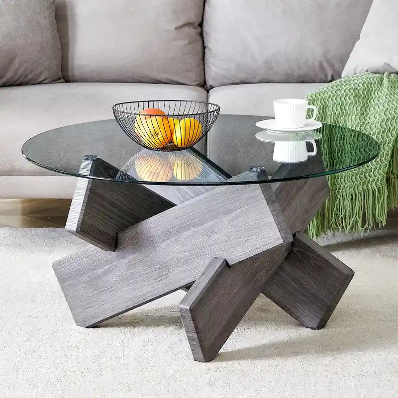 Table basse ronde moderne en verre avec plateau en verre trempé et pieds en MDF