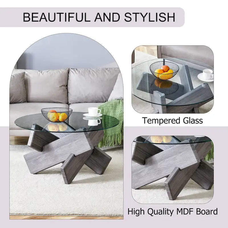 Table basse ronde moderne en verre avec plateau en verre trempé et pieds en MDF