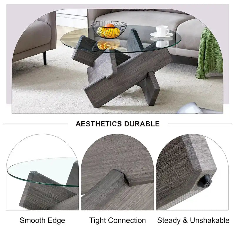 Table basse ronde moderne en verre avec plateau en verre trempé et pieds en MDF