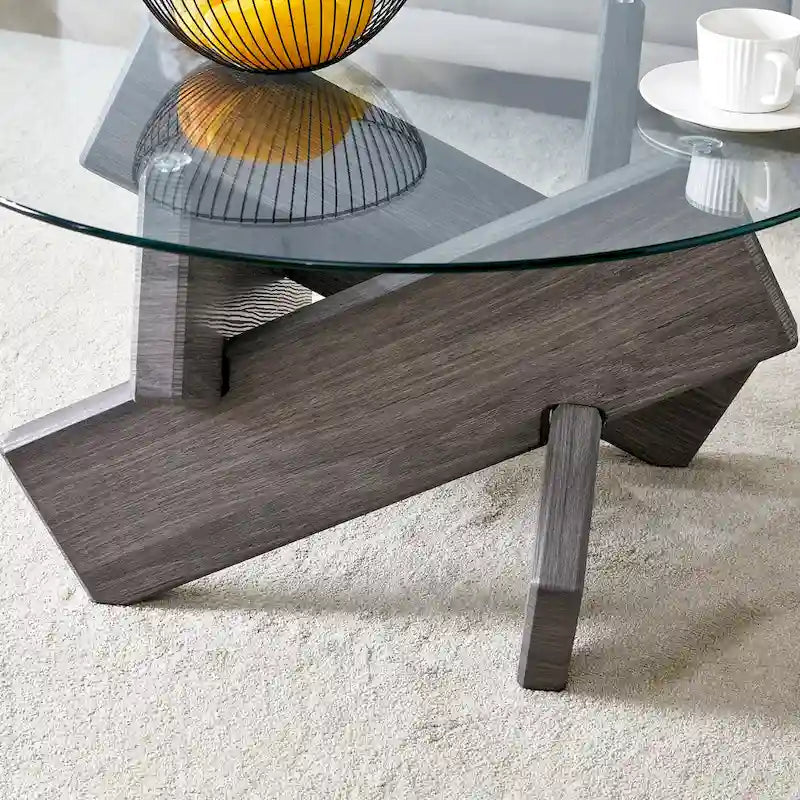 Table basse ronde moderne en verre avec plateau en verre trempé et pieds en MDF
