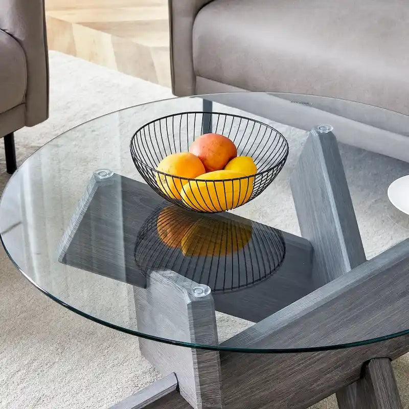 Table basse ronde moderne en verre avec plateau en verre trempé et pieds en MDF