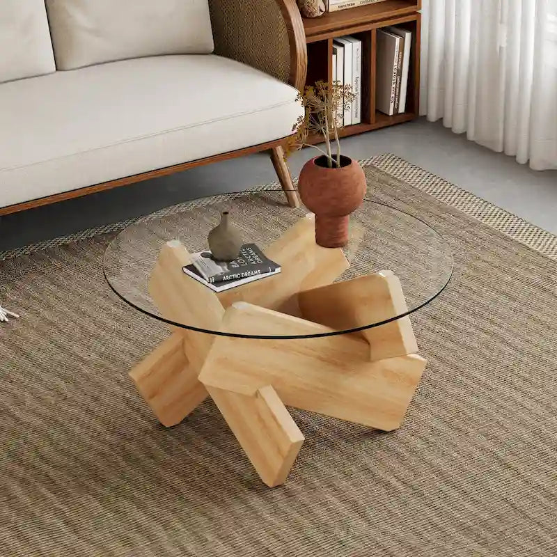 Table basse ronde moderne en verre avec plateau en verre trempé et pieds en MDF