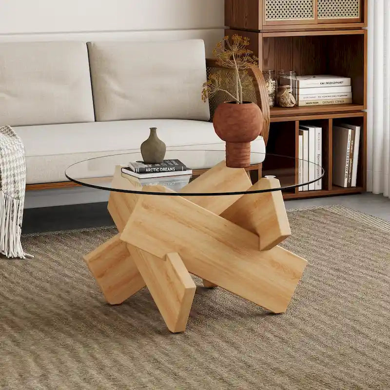 Table basse ronde moderne en verre avec plateau en verre trempé et pieds en MDF