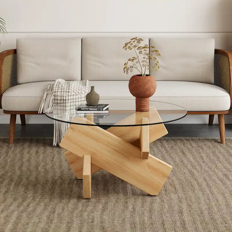 Table basse ronde moderne en verre avec plateau en verre trempé et pieds en MDF