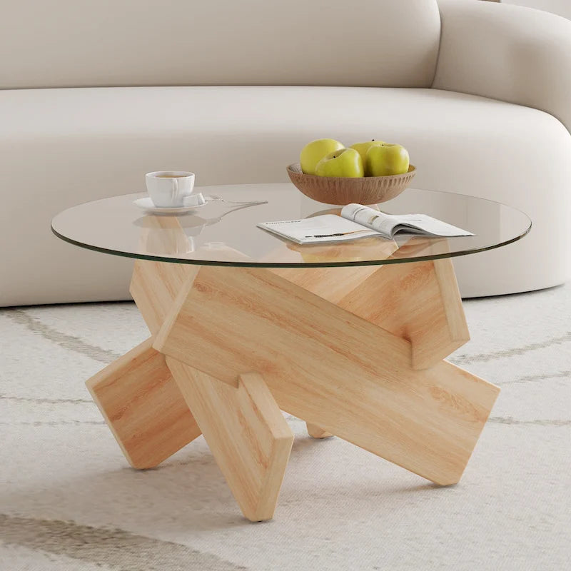 Table basse ronde moderne en verre avec plateau en verre trempé et pieds en MDF