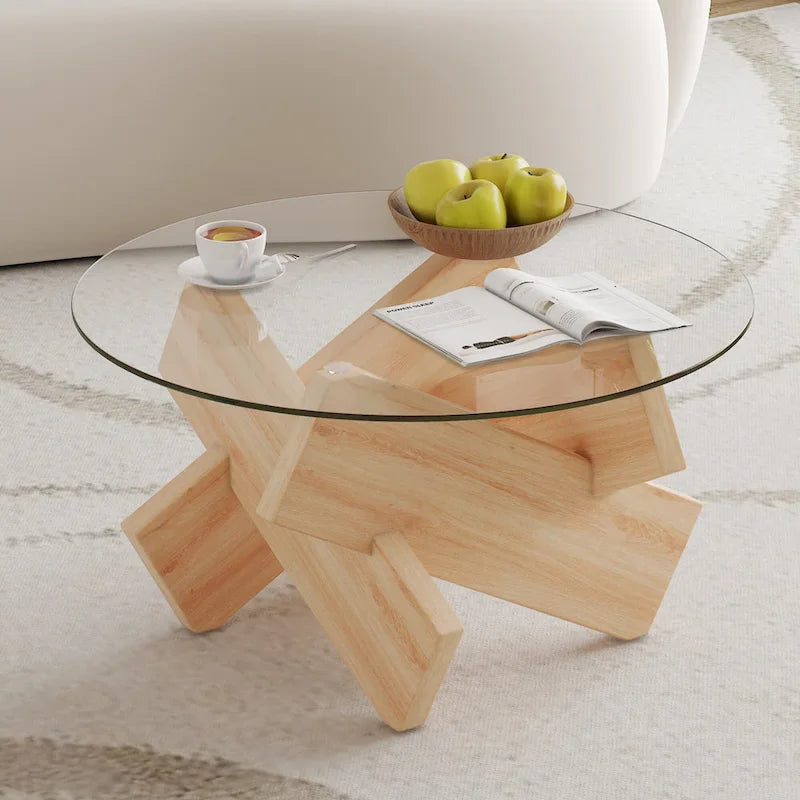 Table basse ronde moderne en verre avec plateau en verre trempé et pieds en MDF