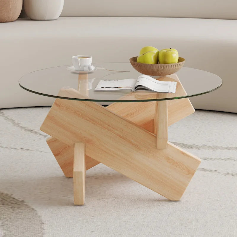 Table basse ronde moderne en verre avec plateau en verre trempé et pieds en MDF