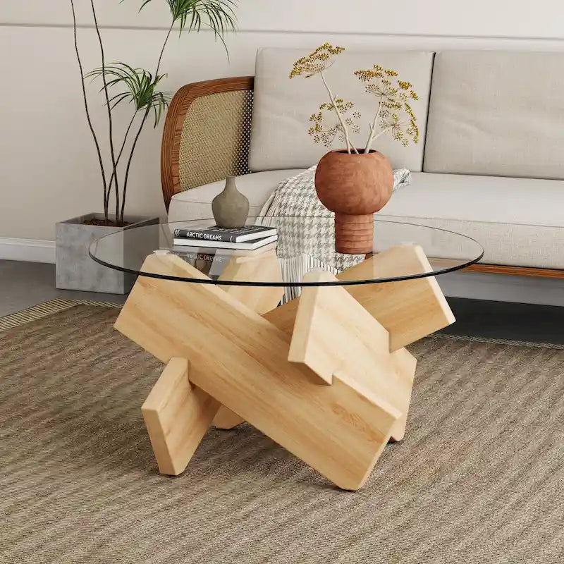 Table basse ronde moderne en verre avec plateau en verre trempé et pieds en MDF