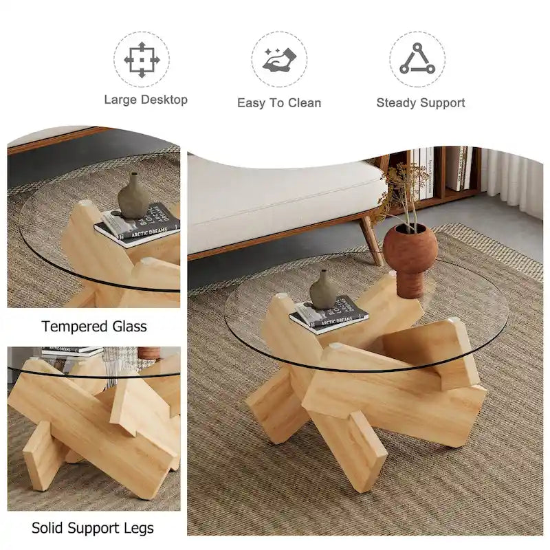 Table basse ronde moderne en verre avec plateau en verre trempé et pieds en MDF