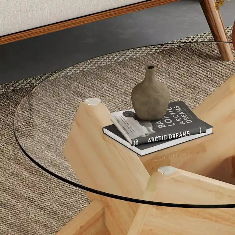 Table basse ronde moderne en verre avec plateau en verre trempé et pieds en MDF