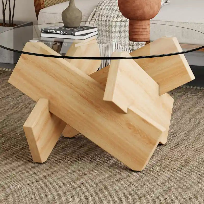 Table basse ronde moderne en verre avec plateau en verre trempé et pieds en MDF