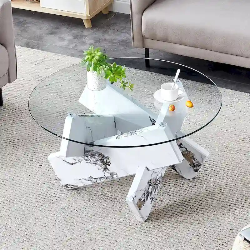 Table basse ronde moderne en verre avec plateau en verre trempé et pieds en MDF