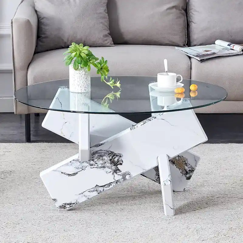 Table basse ronde moderne en verre avec plateau en verre trempé et pieds en MDF