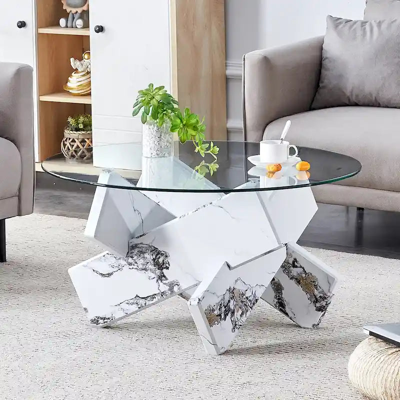 Table basse ronde moderne en verre avec plateau en verre trempé et pieds en MDF