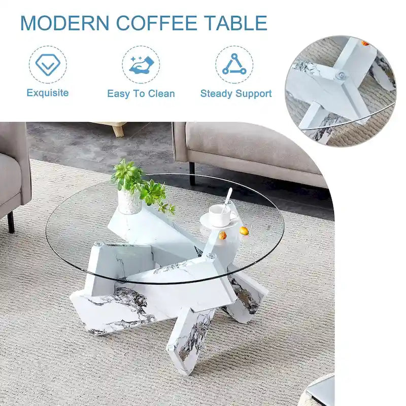 Table basse ronde moderne en verre avec plateau en verre trempé et pieds en MDF